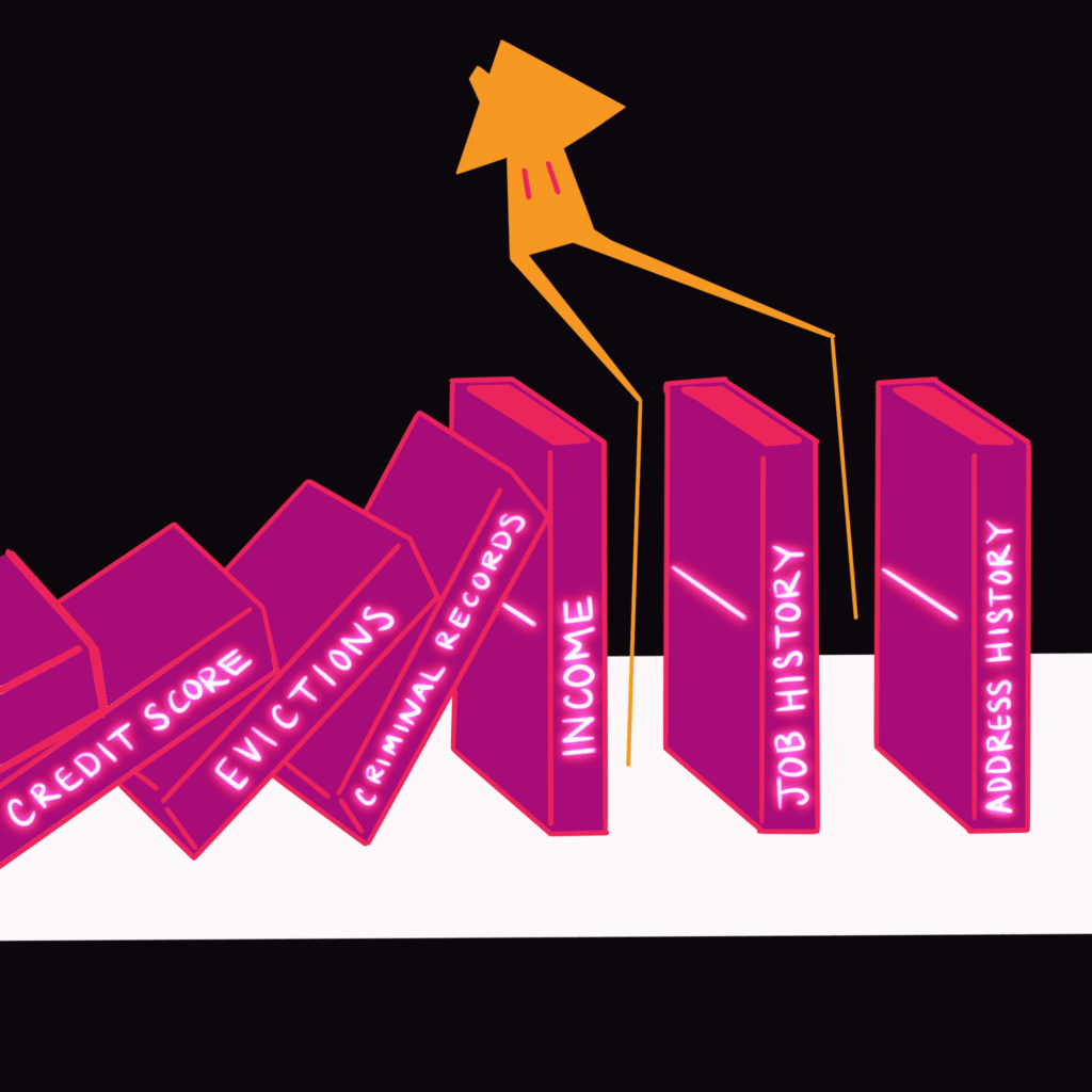 A yellow animated house steps over books lined up like dominoes. The books are labeled: evictions, criminal records, income, job history. address history, credit score.